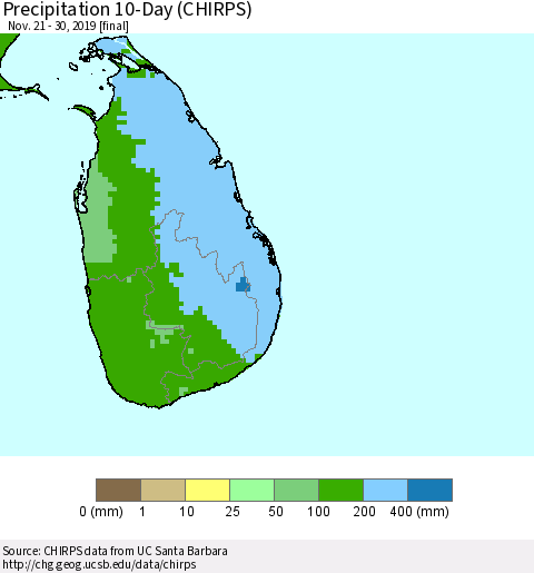 Sri Lanka Precipitation 10-Day (CHIRPS) Thematic Map For 11/21/2019 - 11/30/2019