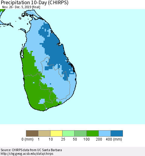 Sri Lanka Precipitation 10-Day (CHIRPS) Thematic Map For 11/26/2019 - 12/5/2019