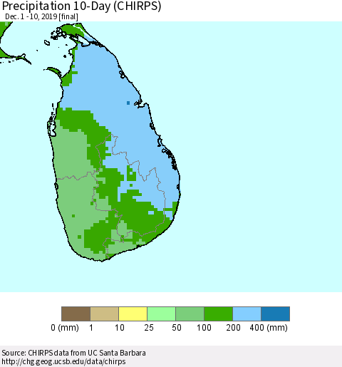Sri Lanka Precipitation 10-Day (CHIRPS) Thematic Map For 12/1/2019 - 12/10/2019