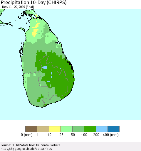 Sri Lanka Precipitation 10-Day (CHIRPS) Thematic Map For 12/11/2019 - 12/20/2019