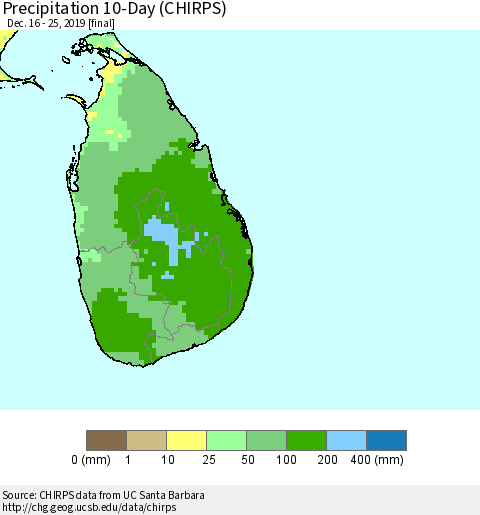 Sri Lanka Precipitation 10-Day (CHIRPS) Thematic Map For 12/16/2019 - 12/25/2019