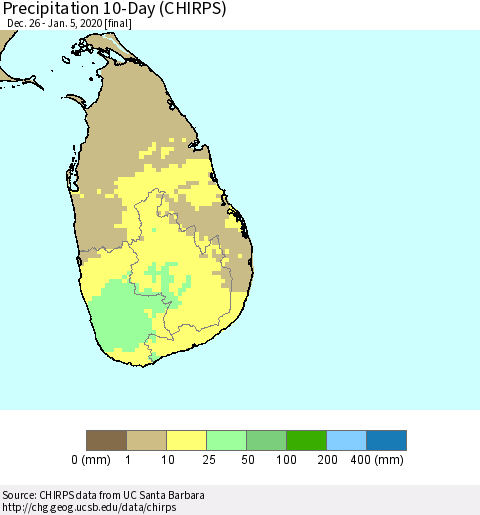 Sri Lanka Precipitation 10-Day (CHIRPS) Thematic Map For 12/26/2019 - 1/5/2020
