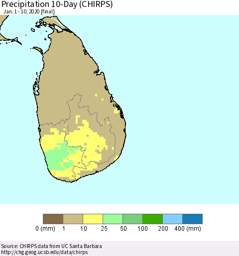 Sri Lanka Precipitation 10-Day (CHIRPS) Thematic Map For 1/1/2020 - 1/10/2020