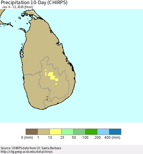 Sri Lanka Precipitation 10-Day (CHIRPS) Thematic Map For 1/6/2020 - 1/15/2020
