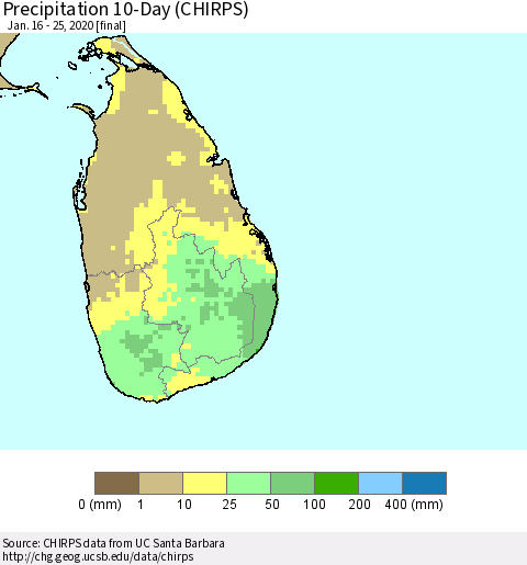 Sri Lanka Precipitation 10-Day (CHIRPS) Thematic Map For 1/16/2020 - 1/25/2020