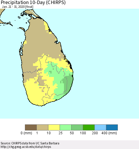 Sri Lanka Precipitation 10-Day (CHIRPS) Thematic Map For 1/21/2020 - 1/31/2020