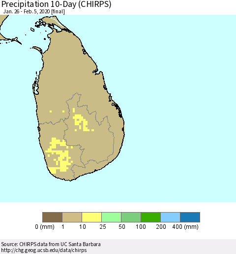 Sri Lanka Precipitation 10-Day (CHIRPS) Thematic Map For 1/26/2020 - 2/5/2020