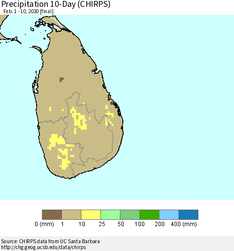 Sri Lanka Precipitation 10-Day (CHIRPS) Thematic Map For 2/1/2020 - 2/10/2020