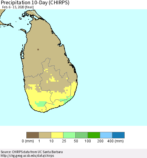 Sri Lanka Precipitation 10-Day (CHIRPS) Thematic Map For 2/6/2020 - 2/15/2020