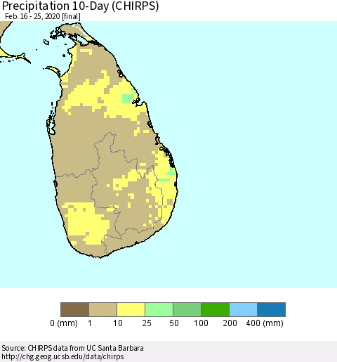 Sri Lanka Precipitation 10-Day (CHIRPS) Thematic Map For 2/16/2020 - 2/25/2020