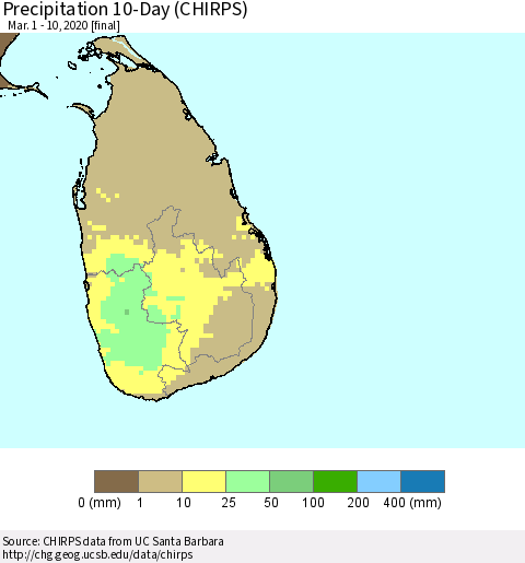 Sri Lanka Precipitation 10-Day (CHIRPS) Thematic Map For 3/1/2020 - 3/10/2020