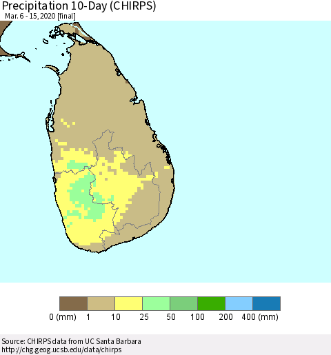 Sri Lanka Precipitation 10-Day (CHIRPS) Thematic Map For 3/6/2020 - 3/15/2020