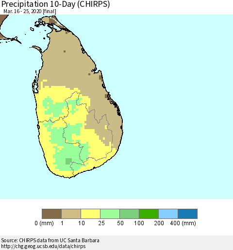 Sri Lanka Precipitation 10-Day (CHIRPS) Thematic Map For 3/16/2020 - 3/25/2020