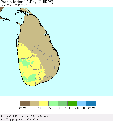 Sri Lanka Precipitation 10-Day (CHIRPS) Thematic Map For 3/21/2020 - 3/31/2020