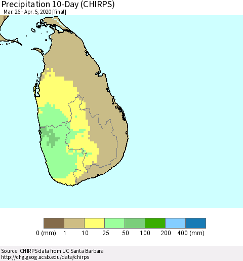 Sri Lanka Precipitation 10-Day (CHIRPS) Thematic Map For 3/26/2020 - 4/5/2020