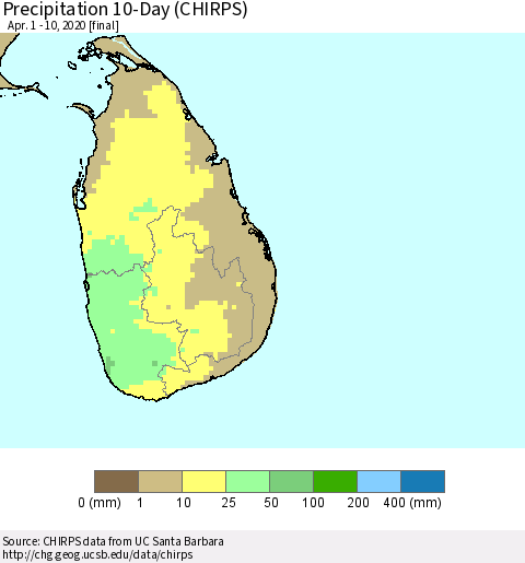 Sri Lanka Precipitation 10-Day (CHIRPS) Thematic Map For 4/1/2020 - 4/10/2020