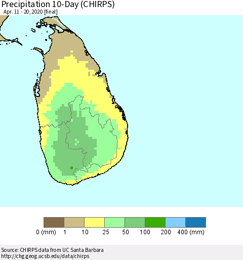 Sri Lanka Precipitation 10-Day (CHIRPS) Thematic Map For 4/11/2020 - 4/20/2020