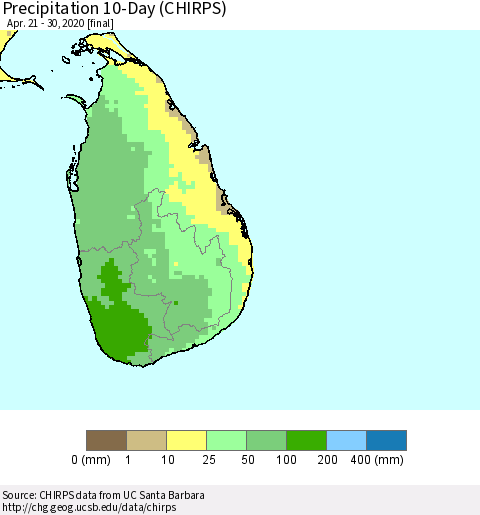 Sri Lanka Precipitation 10-Day (CHIRPS) Thematic Map For 4/21/2020 - 4/30/2020