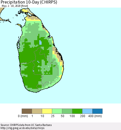 Sri Lanka Precipitation 10-Day (CHIRPS) Thematic Map For 5/1/2020 - 5/10/2020
