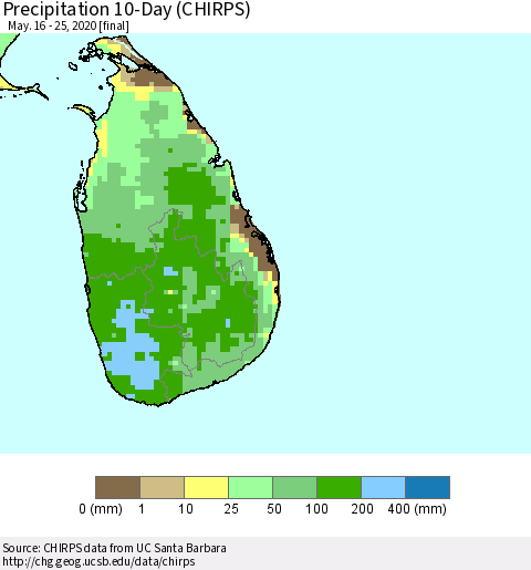 Sri Lanka Precipitation 10-Day (CHIRPS) Thematic Map For 5/16/2020 - 5/25/2020