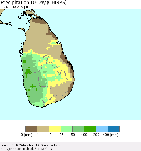 Sri Lanka Precipitation 10-Day (CHIRPS) Thematic Map For 6/1/2020 - 6/10/2020