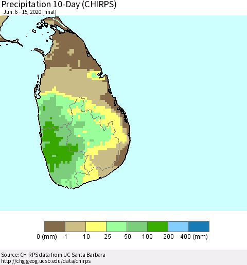 Sri Lanka Precipitation 10-Day (CHIRPS) Thematic Map For 6/6/2020 - 6/15/2020