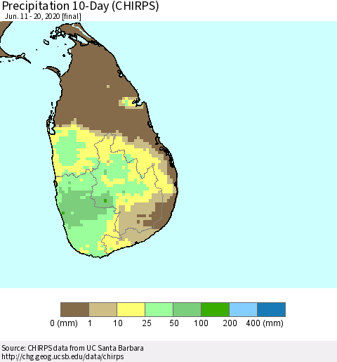 Sri Lanka Precipitation 10-Day (CHIRPS) Thematic Map For 6/11/2020 - 6/20/2020