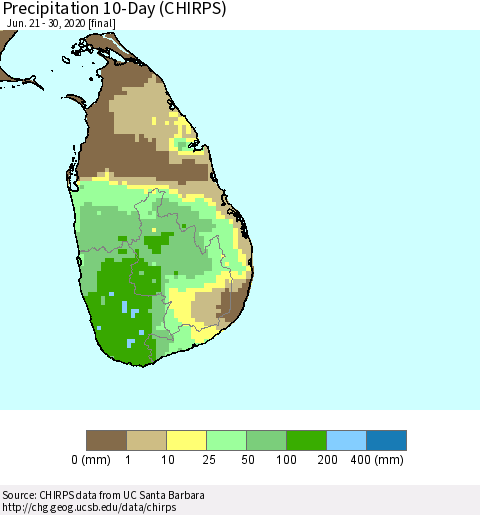 Sri Lanka Precipitation 10-Day (CHIRPS) Thematic Map For 6/21/2020 - 6/30/2020