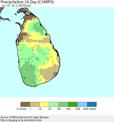Sri Lanka Precipitation 10-Day (CHIRPS) Thematic Map For 6/26/2020 - 7/5/2020