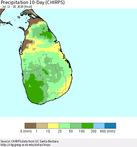 Sri Lanka Precipitation 10-Day (CHIRPS) Thematic Map For 7/11/2020 - 7/20/2020