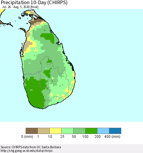 Sri Lanka Precipitation 10-Day (CHIRPS) Thematic Map For 7/26/2020 - 8/5/2020