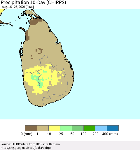 Sri Lanka Precipitation 10-Day (CHIRPS) Thematic Map For 8/16/2020 - 8/25/2020