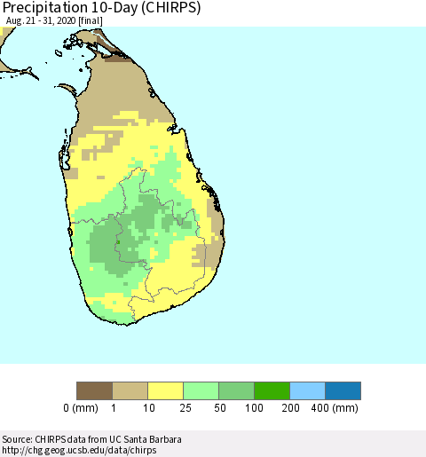 Sri Lanka Precipitation 10-Day (CHIRPS) Thematic Map For 8/21/2020 - 8/31/2020