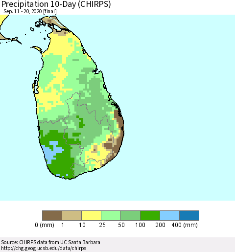 Sri Lanka Precipitation 10-Day (CHIRPS) Thematic Map For 9/11/2020 - 9/20/2020