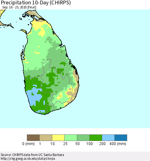 Sri Lanka Precipitation 10-Day (CHIRPS) Thematic Map For 9/16/2020 - 9/25/2020