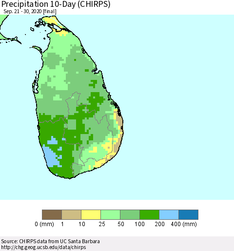 Sri Lanka Precipitation 10-Day (CHIRPS) Thematic Map For 9/21/2020 - 9/30/2020