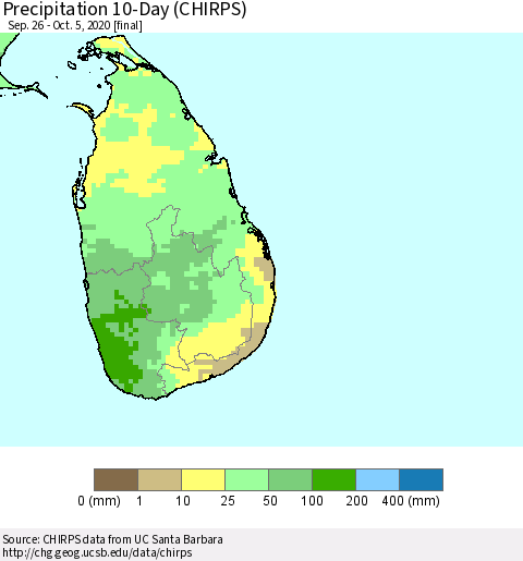 Sri Lanka Precipitation 10-Day (CHIRPS) Thematic Map For 9/26/2020 - 10/5/2020