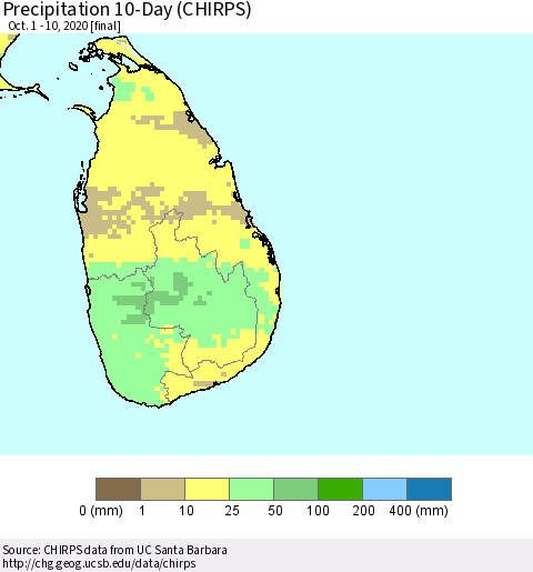 Sri Lanka Precipitation 10-Day (CHIRPS) Thematic Map For 10/1/2020 - 10/10/2020