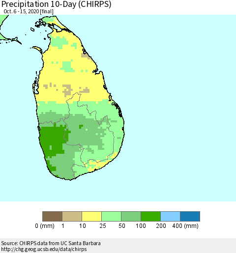 Sri Lanka Precipitation 10-Day (CHIRPS) Thematic Map For 10/6/2020 - 10/15/2020