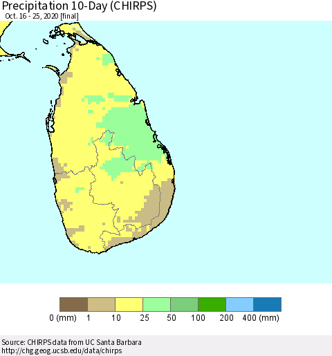 Sri Lanka Precipitation 10-Day (CHIRPS) Thematic Map For 10/16/2020 - 10/25/2020