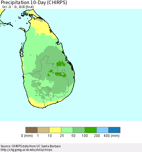 Sri Lanka Precipitation 10-Day (CHIRPS) Thematic Map For 10/21/2020 - 10/31/2020