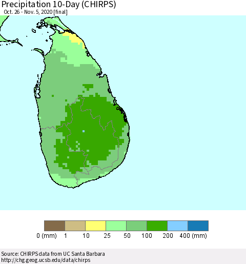Sri Lanka Precipitation 10-Day (CHIRPS) Thematic Map For 10/26/2020 - 11/5/2020