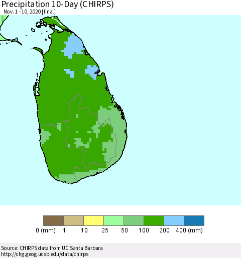 Sri Lanka Precipitation 10-Day (CHIRPS) Thematic Map For 11/1/2020 - 11/10/2020