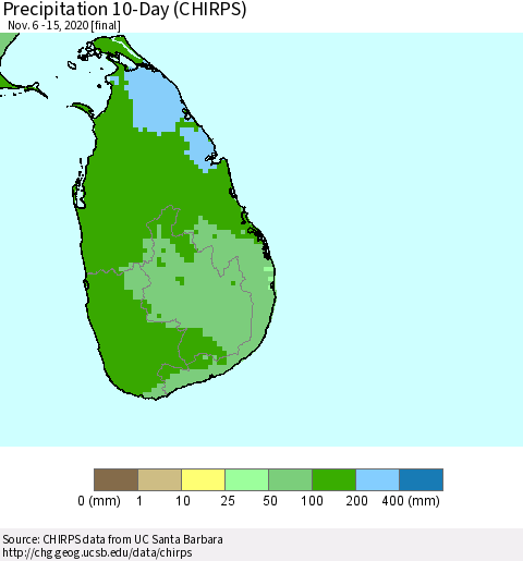 Sri Lanka Precipitation 10-Day (CHIRPS) Thematic Map For 11/6/2020 - 11/15/2020