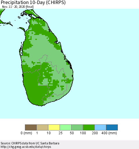 Sri Lanka Precipitation 10-Day (CHIRPS) Thematic Map For 11/11/2020 - 11/20/2020