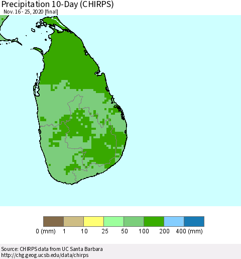 Sri Lanka Precipitation 10-Day (CHIRPS) Thematic Map For 11/16/2020 - 11/25/2020