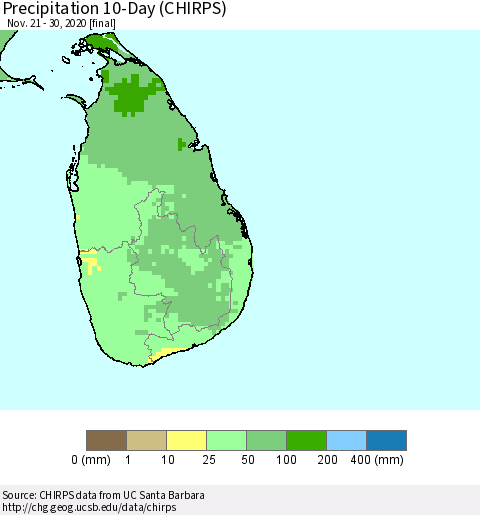 Sri Lanka Precipitation 10-Day (CHIRPS) Thematic Map For 11/21/2020 - 11/30/2020