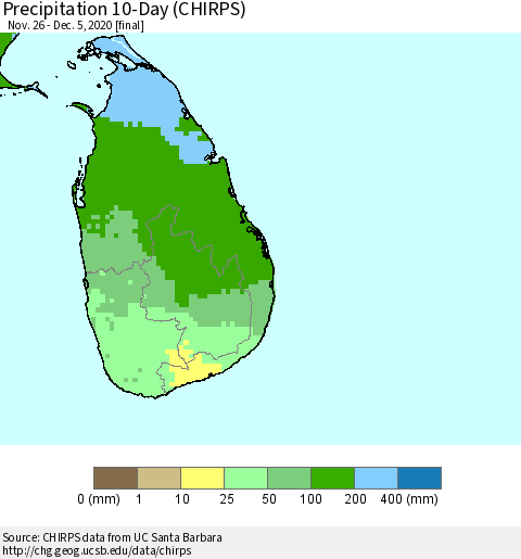 Sri Lanka Precipitation 10-Day (CHIRPS) Thematic Map For 11/26/2020 - 12/5/2020