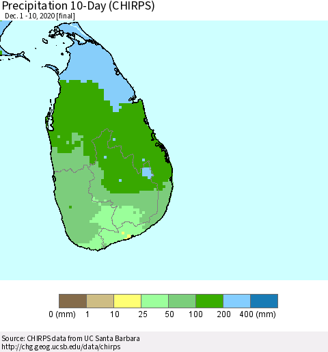 Sri Lanka Precipitation 10-Day (CHIRPS) Thematic Map For 12/1/2020 - 12/10/2020