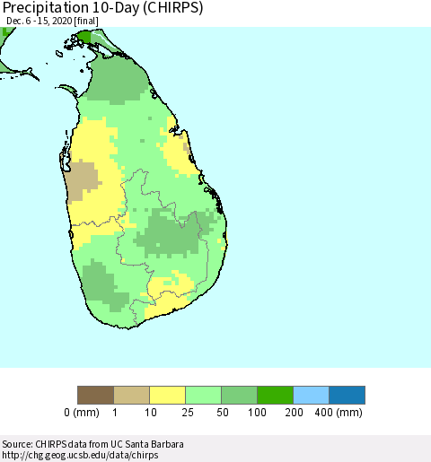 Sri Lanka Precipitation 10-Day (CHIRPS) Thematic Map For 12/6/2020 - 12/15/2020